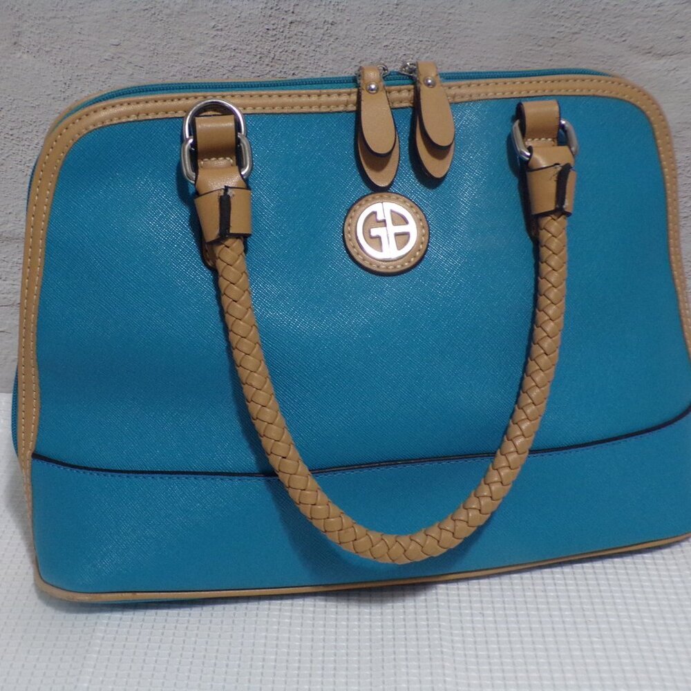 Gianibernini Teal & Beige‎ Handbag Leather with Silver Accents Zipper Closure